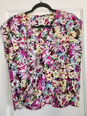 Cabi Vibrant Floral Crossover Blouse - Pink, Yellow, Green, Blue, Purple